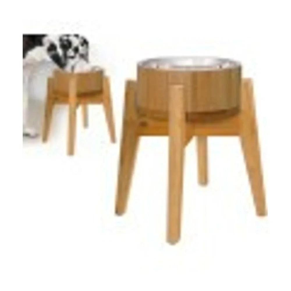 Modern Elevated Pet Feeder with Wooden Stand and Stainless Steel Bowl